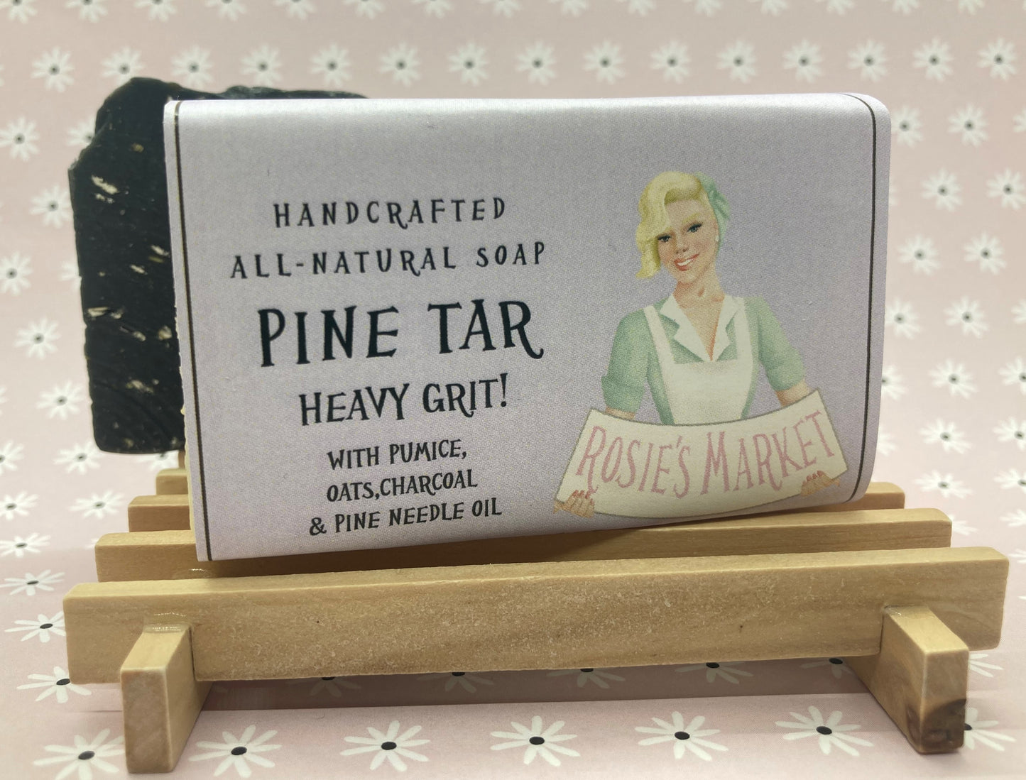 pine tar heavy grit soap with pumice oats charcoal and pine needle