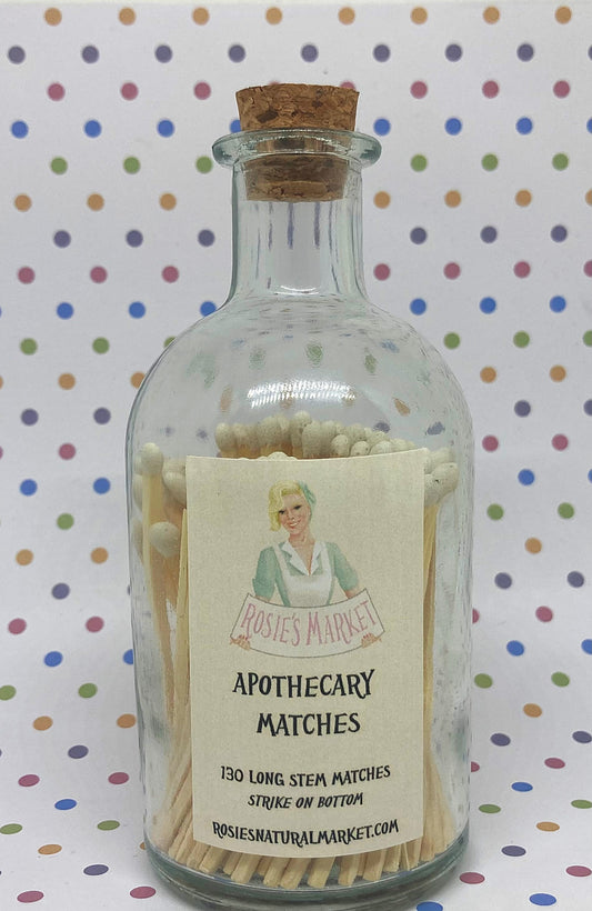 long stem apothecary matches in glass bottle jar