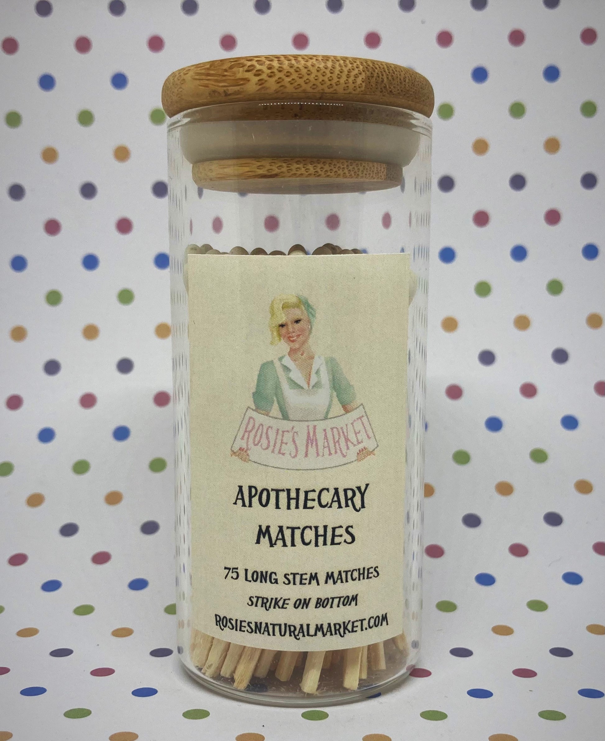 long stem apothecary matches in glass bottle jar