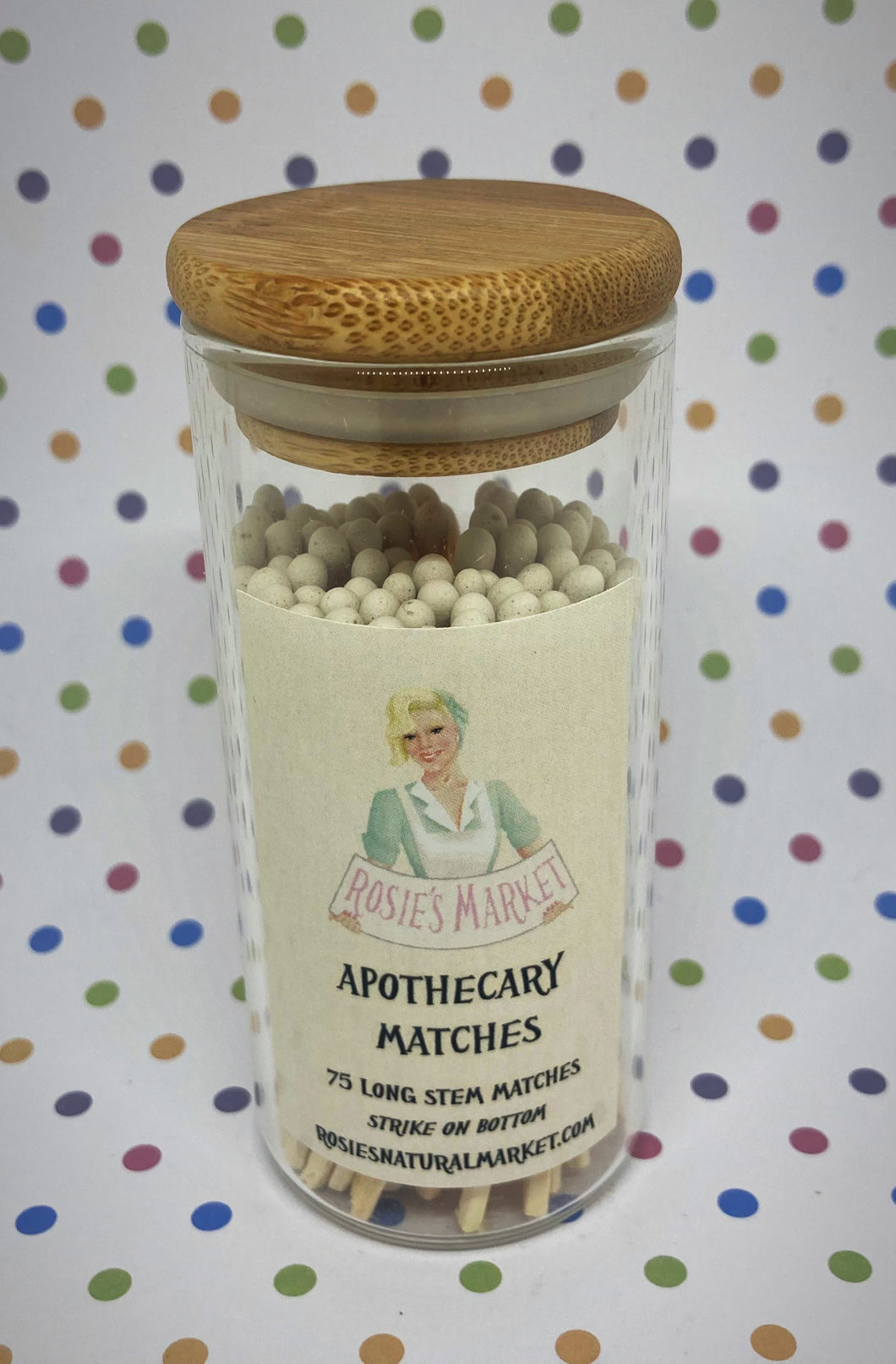 long stem apothecary matches in glass bottle jar