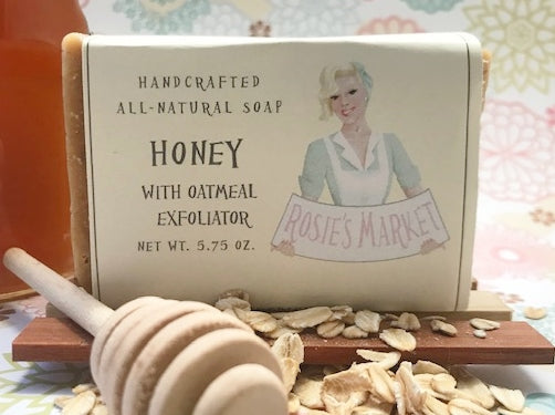 Honey Oatmeal Soap – Exfoliating Natural Soap Bar for Smooth Skin | Rosie’s Market - Made with Essential Oils only, free from palm oil, dyes and synthetic fragrances. 