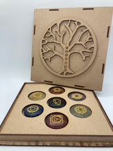 Load image into Gallery viewer, Wood Engraved Crystal Chakra Kit in Tree of Life Box