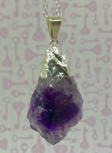 large raw amethyst pendant necklace sterling silver plated