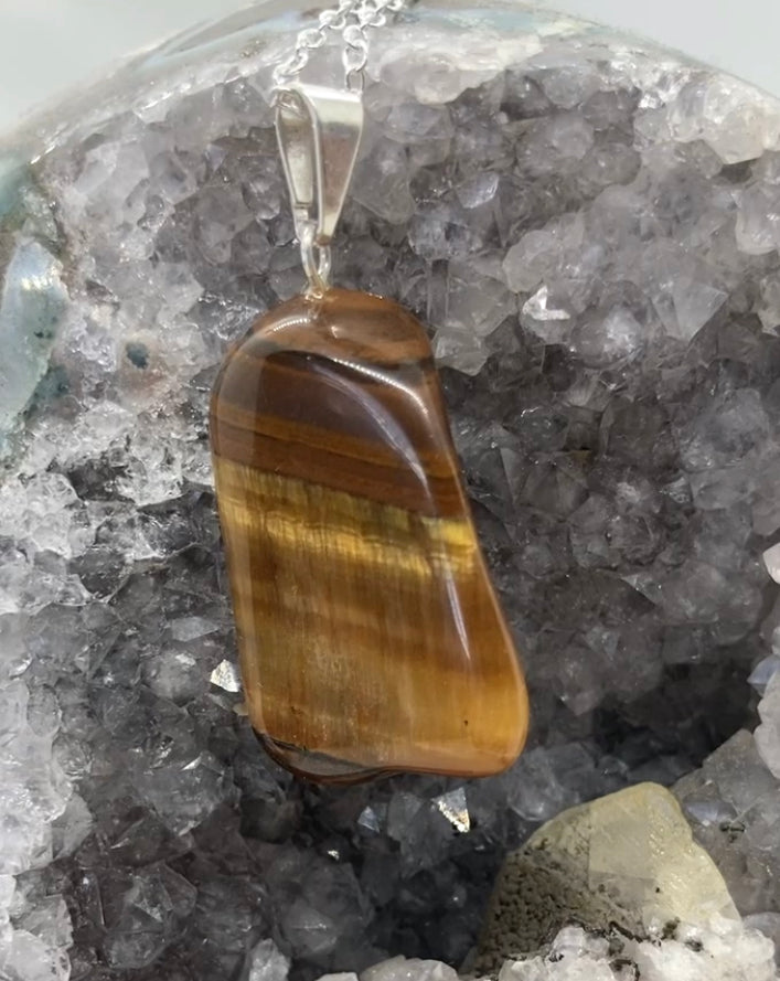 Polished Tigers Eye Pendant Necklace Success & Protection